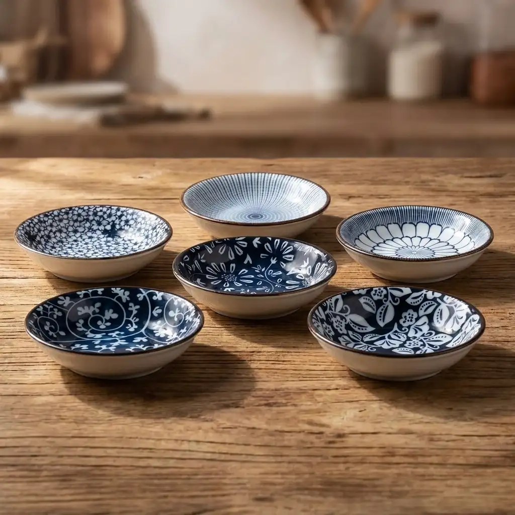 Eisinly ceramic dipping bowls set of 6 — vintage blue and white porcelain soy sauce dish set